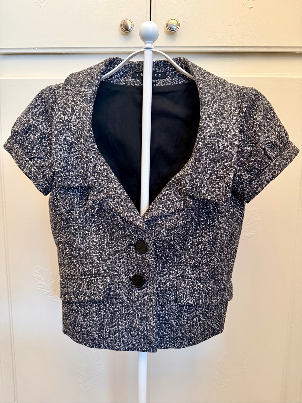 THEORY Women’s Short Sleeve Tweed Jacket in Black and White Size 0